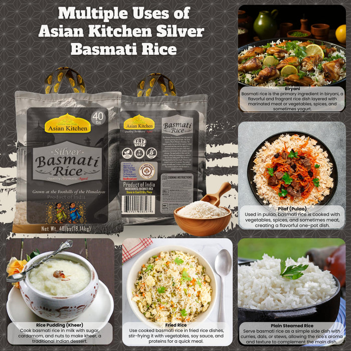 Asian Kitchen Silver White Basmati Rice Aged 40lbs (18.18kg) ~ All Natural | Gluten Friendly | Vegan | Indian Origin | Export Quality