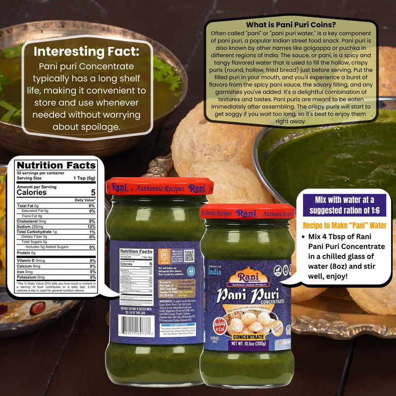 Rani Pani Puri Concentrate (Sweet & Spicy to Make Pani Water / Spicy Water) 10.5oz (300g) Glass Jar, Ready to Eat ~ Vegan | Gluten Free | NON-GMO | Kosher