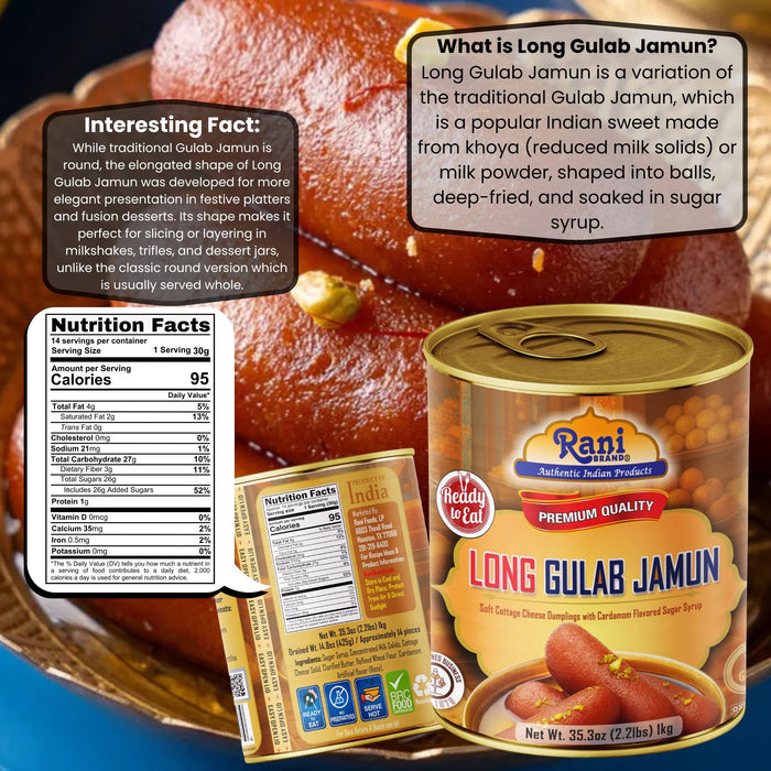 Rani Gulab Jamun Long (w/ Cardamom Flavored Sugar Syrup) 35.3oz (2.2lbs) 1kg, Pack of 6, Approximately 14 pieces, Easy Open Lid ~ Ready to eat | Vegan | Non-GMO | Kosher | Indian Origin