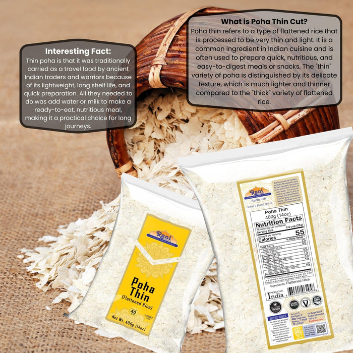 Rani Poha (Powa) Thin Cut (Flattened Rice) 14oz (400g) ~ All Natural, Salt-Free | Vegan | No Colors | Gluten Friendly | Indian Origin