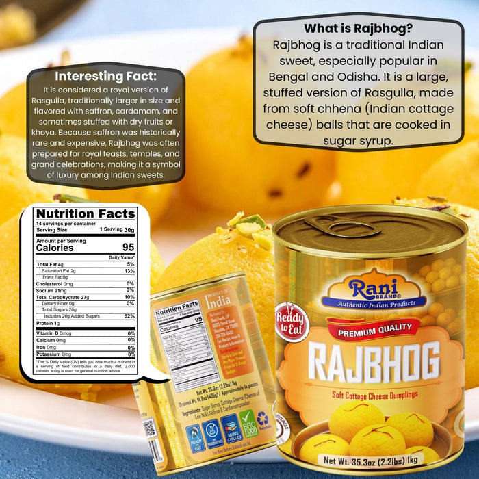 Rani Rajbhog (Soft Cottage Cheese Dumplings) 35.3oz (2.2lbs) 1kg, Approximately 14 pieces, Easy Open Lid ~ Ready to eat | All Natural | Gluten Free | Non-GMO | Kosher | Indian Origin
