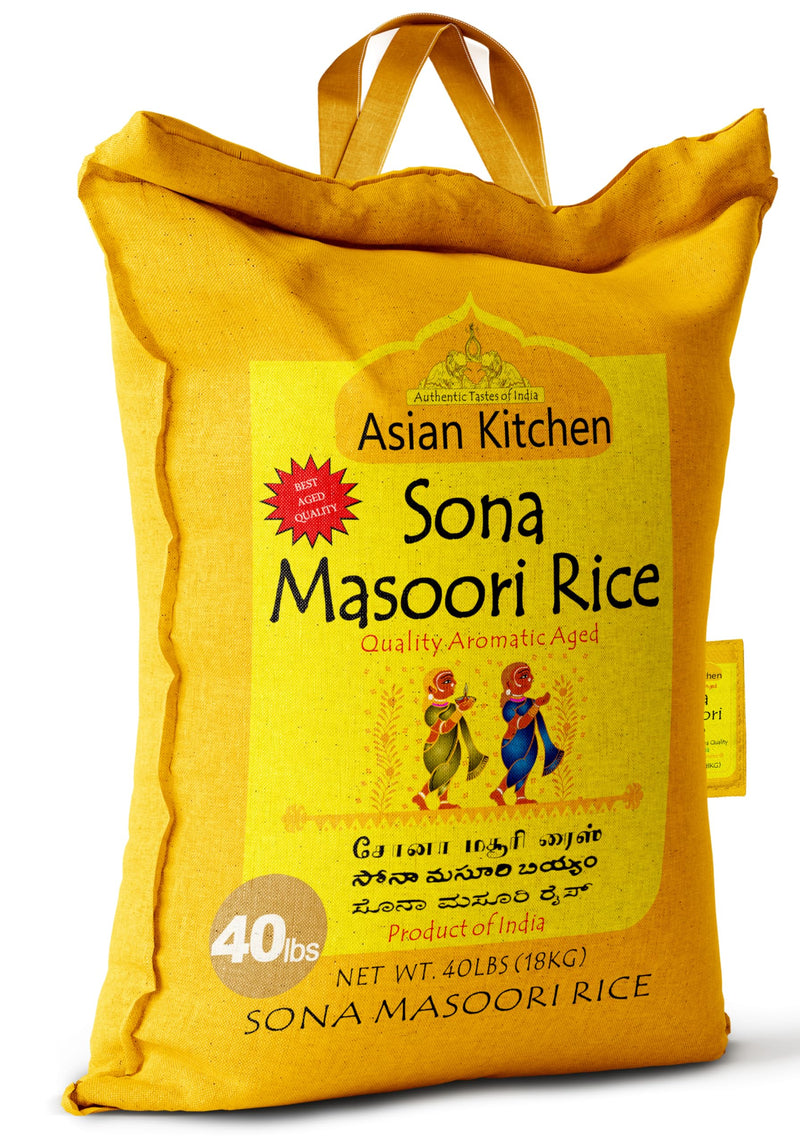 Asian Kitchen White Sona Masoori Aged Rice 40-Pound Bag, 40lbs (18.14kg) Short Grain Rice ~ All Natural | Gluten Friendly | Vegan | Indian Origin | Export Quality