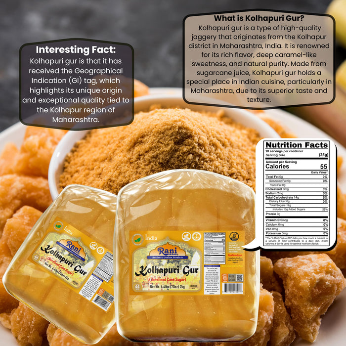 Rani Kolhapuri Gur (Jaggery) 2kg (4.4lbs) ~ Unrefined Cane Sugar, No Color added, Gluten Friendly | Vegan | NON-GMO | Kosher | No Salt or fillers