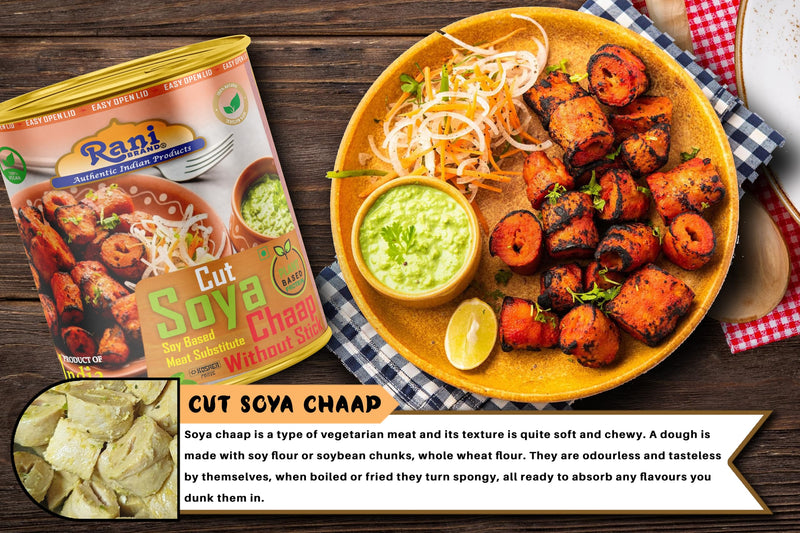 Rani Cut Soya Chaap Whitout Stick (Plant Based Protein) 30oz (1.875lbs) 850g Pack of 18 ~ Easy Open Lid | All Natural | Vegan | No Colors | NON-GMO | Kosher | Indian Origin | Soy Based Meat Substitute