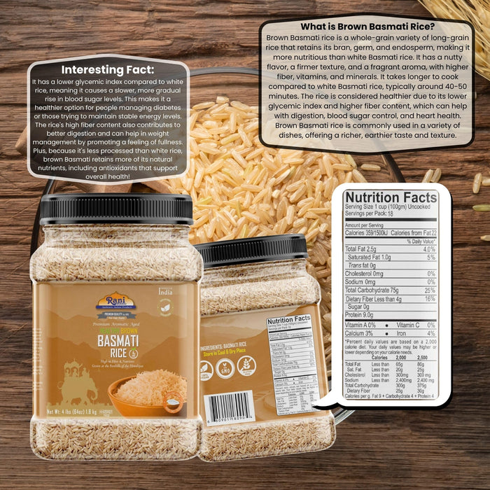 Rani Brown Basmati Rice Extra Long Aged 64oz (4lbs) 1.81kg PET Jar ~ All Natural | Gluten Friendly | Vegan | Indian Origin | Kosher | Export Quality