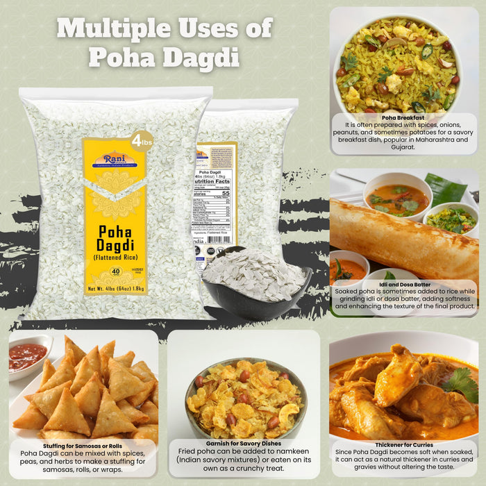 Rani Poha (Powa) Extra Thick Dagadi-Cut (Flattened Rice) 64oz (4lbs) 1.81kg Bulk ~ All Natural, Salt-Free | Vegan | Kosher | No Colors | Gluten Friendly | Indian Origin