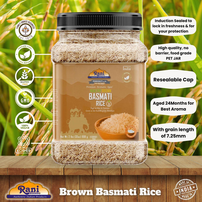 Rani Brown Basmati Rice Extra Long Aged 32oz (2lbs) 908g PET Jar ~ All Natural | Gluten Friendly | Vegan | Indian Origin | Kosher | Export Quality