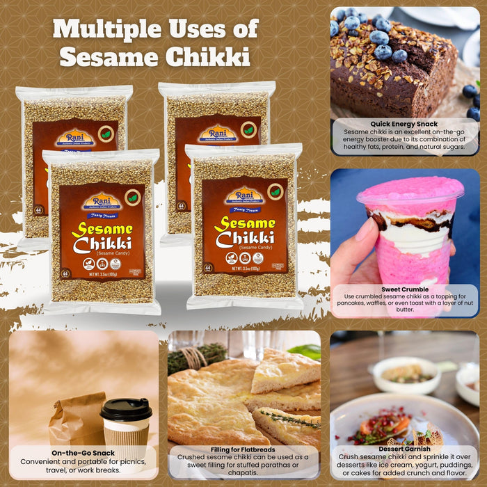 Rani Sesame Chikki (Brittle Candy) 100g (3.5oz) x Pack of 4 ~ All Natural | Vegan | Kosher | No colors | Gluten Friendly  | Indian Origin