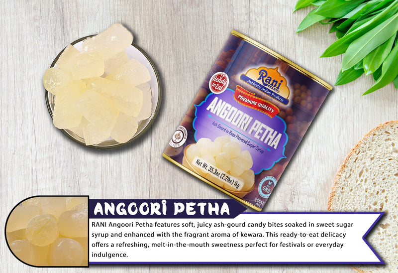 Rani Angoori Petha (Ash Gourd In Rose Flavored Sugar Syrup) 35.3oz (2.2lbs) 1kg, Pack of 2, Approximately 14 pieces, Easy Open Lid ~ Ready to eat | Gluten Free | Non-GMO | Kosher | Indian Origin