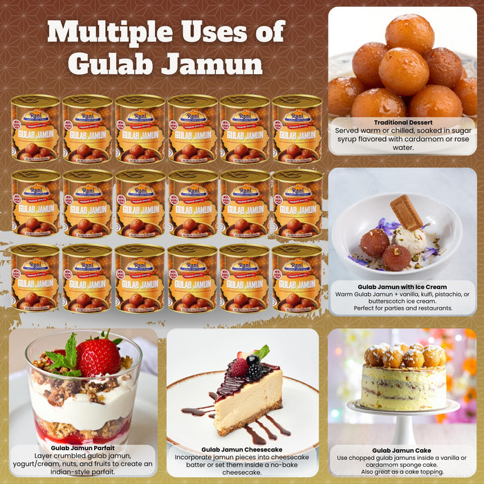 Rani Gulab Jamun Round (w/ Cardamom Flavored Sugar Syrup) 35.3oz (2.2lbs) 1kg Pack of 18, Approximately 14 pieces, Easy Open Lid ~ Ready to eat | Non-GMO | Kosher | Indian Origin