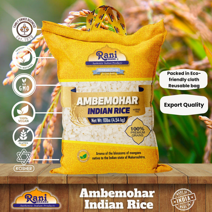 Rani Ambemohar Indian Rice 160oz (10lbs) 4.54kg Cloth Bag ~ All Natural | Gluten Friendly | Vegan | Kosher | Export Quality | Indian Origin