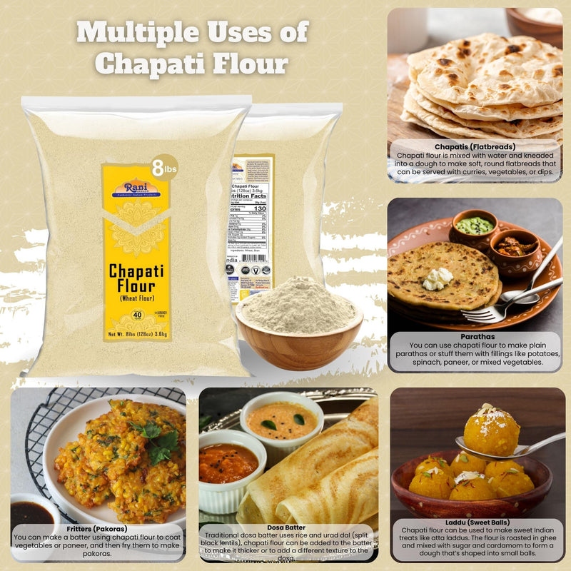 Rani Chapati Flour (100% Pure Whole Wheat Atta), For Making Roti & Indian Breads 128oz (8lbs) 3.63kg Bulk ~ All Natural | Vegan | No Salt or Colors | NON-GMO | Kosher | Indian Origin
