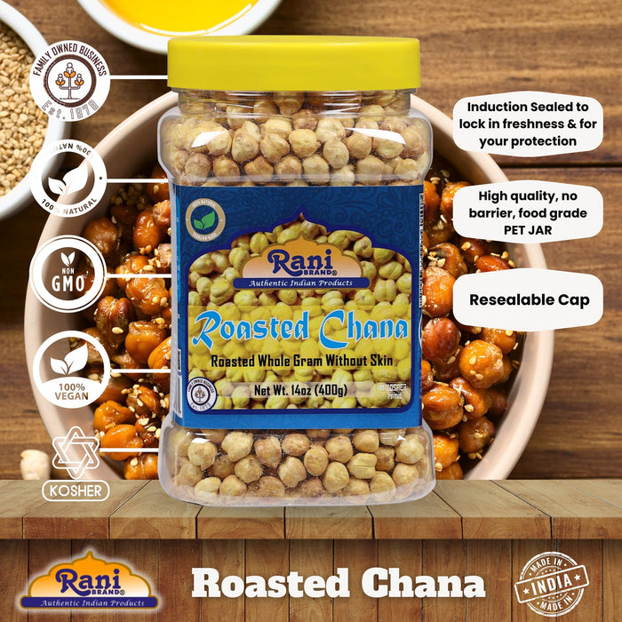 Rani Roasted Chana Skinless (Chickpeas) Plain Flavor (No Skin) 14oz (400g) PET Jar ~ All Natural | Vegan | No Preservatives | Kosher | Gluten Friendly | Indian Origin | Great Snack, Ready to Eat