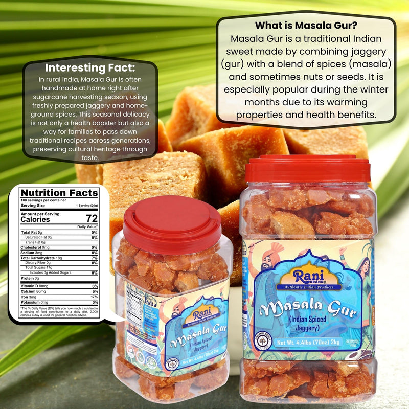 Rani Masala Gur (Jaggery) Indian Unrefined Raw Cane Sugar 70oz (4.4lbs) 2kg PET Jar ~ Gluten Friendly | Vegan | NON-GMO | Kosher | No Salt or fillers | Indian Product