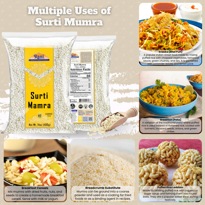Rani Surti (Surati) (Puffed Rice) 14oz (400g) ~ All Natural | No Color | Gluten Friendly | Vegan | NON-GMO | Kosher | No Salt or fillers | Indian Origin