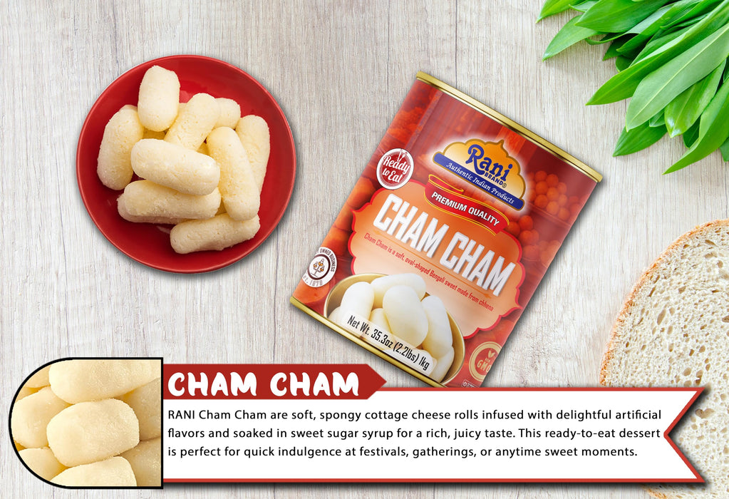 Rani Cham Cham (Oval-shaped Bengali Sweet) 35.3oz (2.2lbs) 1kg, Pack of 6, Approximately 14 pieces, Easy Open Lid ~ Ready to eat | Gluten Free | Non-GMO | Kosher | Indian Origin