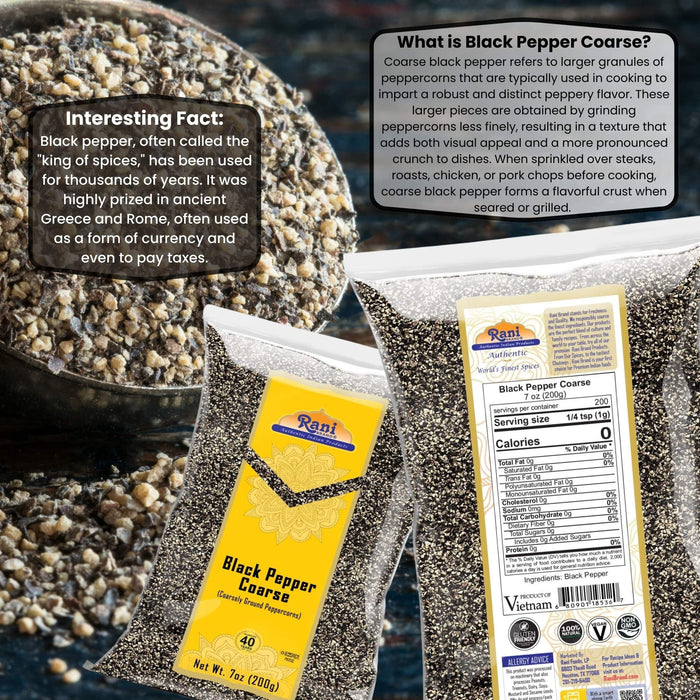 Rani Black Pepper Coarse Ground 28 Mesh (Table Grind), 7oz (200g) ~ Gluten Friendly | Non-GMO | Kosher | Natural