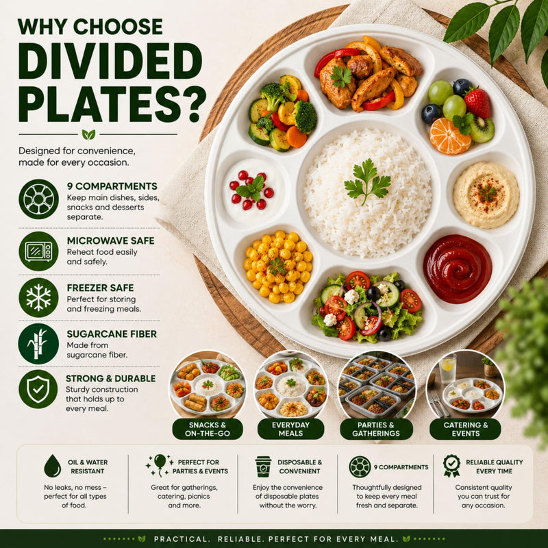 Rani Round Biodegradable Divided Plates, Pack of 50, 9 Compartments ~ Disposable & Eco-Friendly | 12.44" Diameter, 1.38" Thickness | Heavy-Duty and Sturdy Disposable Bagasse Plates | Premium Quality