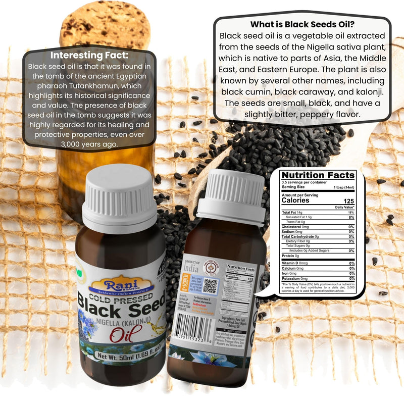 Rani Pure Black Seed (Nigella, Kalonji) Oil 1.69 Fl oz (50ml) Cold Pressed ~ 100% Cholesterol Free | All Natural | Gluten Free | NON-GMO | Kosher | Vegan | Indian Origin