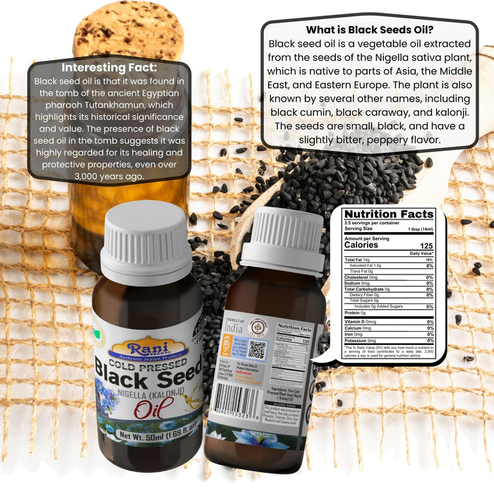 Rani Pure Black Seed (Nigella, Kalonji) Oil 1.69 Fl oz (50ml) Cold Pressed ~ 100% Cholesterol Free | All Natural | Gluten Free | NON-GMO | Kosher | Vegan | Indian Origin