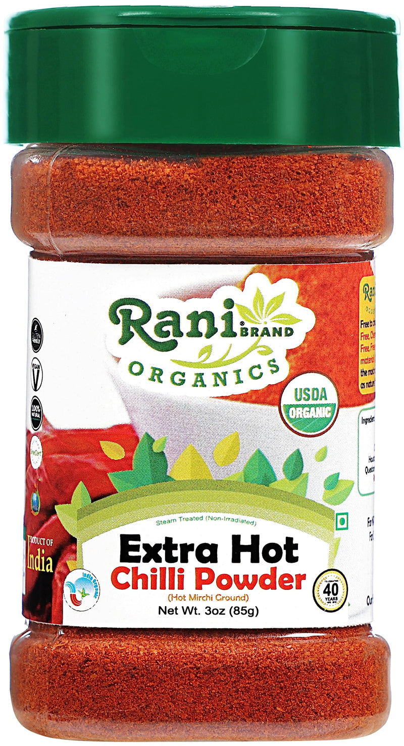 Rani Organic Extra Hot Chilli Powder (Hot Mirchi Ground) 3oz (85g) PET Jar ~ All Natural | Vegan | Gluten Friendly | NON-GMO | Indian Origin | USDA Certified Organic