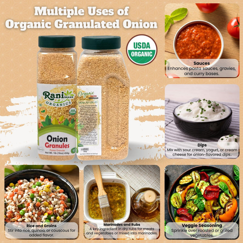 Rani Organic Granulated Onion (Pyaaz Granules) 16oz (1lb) 454g PET Jar ~ All Natural | Gluten Friendly | Vegan | NON-GMO | Kosher | No Salt or fillers | Indian Origin | USDA Certified Organic