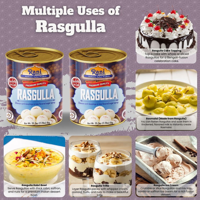 Rani Rasgulla (Cheese Curd Dumplings in Rose Flavor) 35.3oz (2.2lbs) 1kg, Pack of 2, Approximately 14 pieces, Easy Open Lid ~ Ready to eat | Gluten Friendly | Vegan | Non-GMO | Kosher | Indian Origin