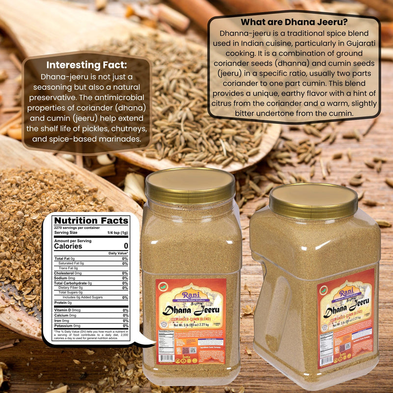Rani Dhana-Jeeru (Coriander-Cumin Blend 50-50) Powder 80oz (5lbs) 2.27kg PET Jar ~ All Natural | Vegan | Gluten Friendly | Non-GMO | Kosher | Indian Origin