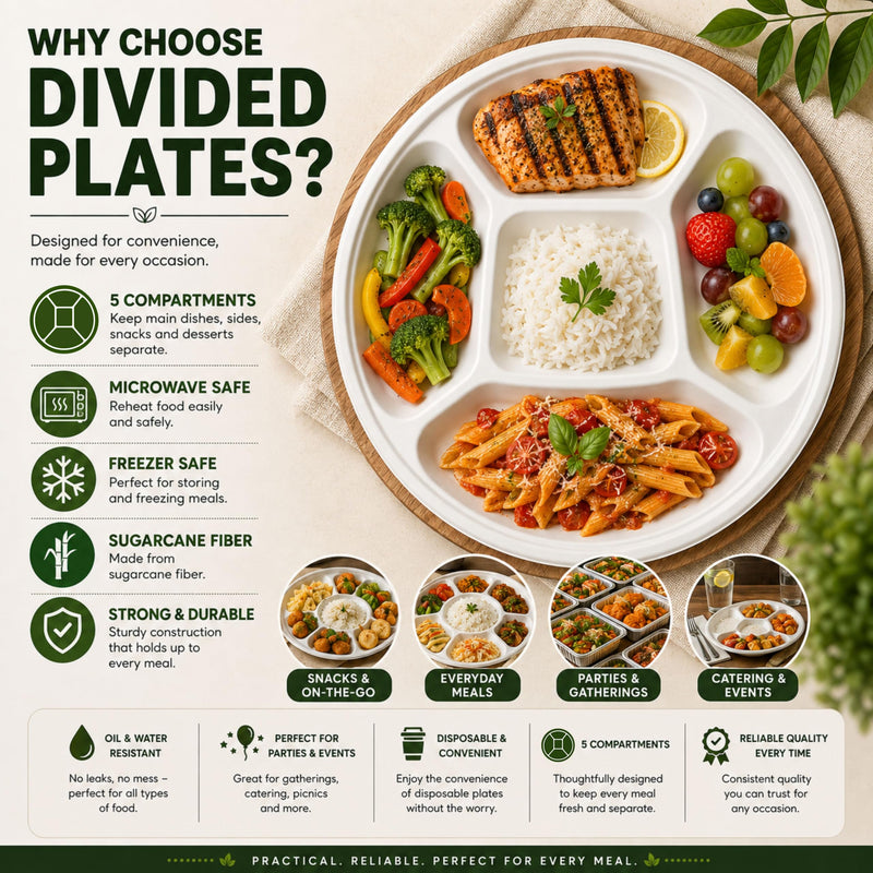 Rani 5 Compartment Round Biodegradable Divided Plates, Pack of 500 ~ Party, Thali, Buffet | Disposable & Eco-Friendly | Heavy-Duty Sturdy Paper Bagasse | Premium Quality | 10" Diameter, 1.38" Height