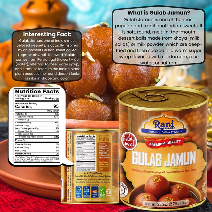 Rani Gulab Jamun Round (w/ Cardamom Flavored Sugar Syrup) 35.3oz (2.2lbs) 1kg, Pack of 2, Approximately 14 pieces, Easy Open Lid ~ Ready to eat | Vegan | Non-GMO | Kosher | Indian Origin