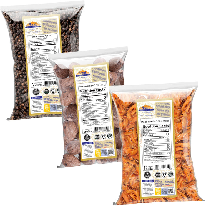 Rani Black Pepper, Nutmeg, Mace Whole Indian Spices ~ 3.5oz (100g) Combo Pack of 3 ~ All Natural | 100% Pure, Salt Free | Vegan | Gluten Friendly | NON-GMO | Indian Origin
