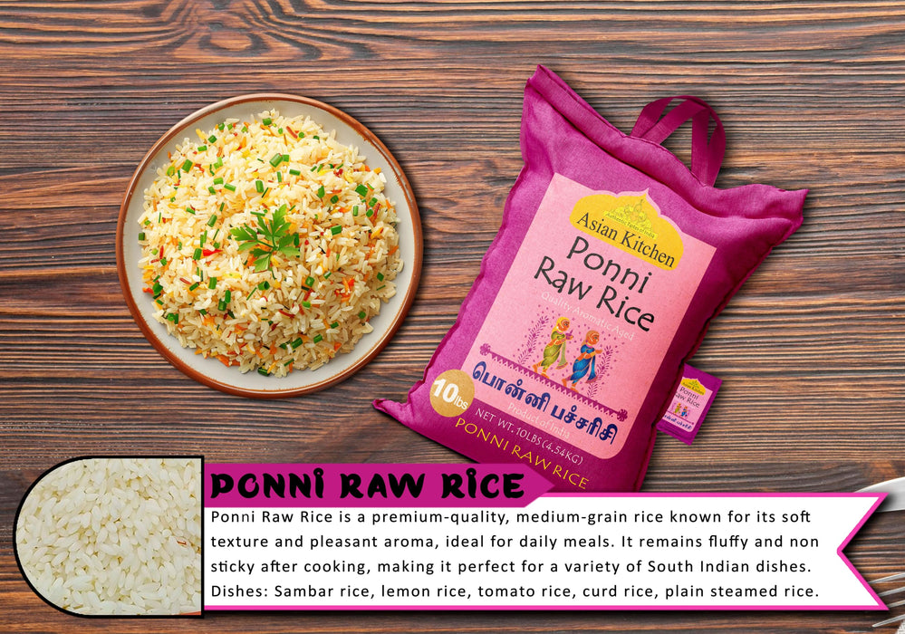 Asian Kitchen Ponni Raw Rice 10-Pound Bag, 10lbs (4.54kg) Short Grain Rice ~ All Natural | Gluten Friendly | Vegan | Export Quality