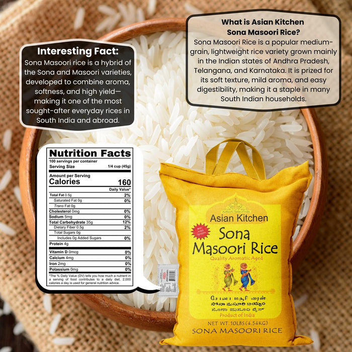 Asian Kitchen White Sona Masoori Aged Rice 10lbs (4.54kg) Short Grain Rice ~ All Natural | Gluten Friendly | Vegan | Indian Origin | Export Quality