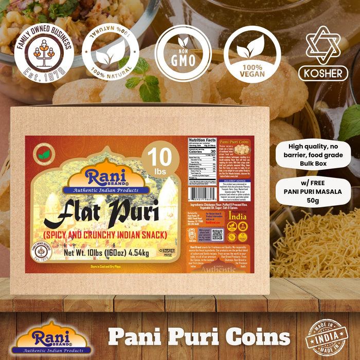 Rani Pani Puri Coins 160oz (10lbs) 4.54kg 1650-1660 Coins Bulk Box ~ Uncooked, Microwaveable wheat and Semolina Coins ~ All Natural | Vegan | NON-GMO | Kosher | Indian Origin