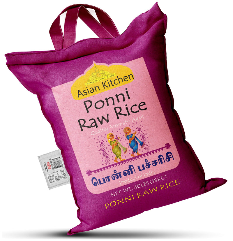 Asian Kitchen Ponni Raw Rice 40-Pound Bag, 40lbs (18.14kg) Short Grain Rice ~ All Natural | Gluten Friendly | Vegan | Indian Origin | Export Quality