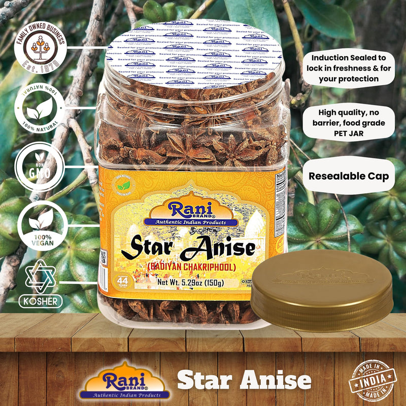Rani Star Anise Seeds, Whole Pods (Badian Khatai) Spice 5.29oz (150g) PET Jar ~ All Natural | Gluten Friendly | Kosher | Vegan | Whole Chinese Anise Star Sun Dried Spice, Anis Estrella / Illicium Verum, Widely Used for Baking, Drinks, Cooking, and Tea