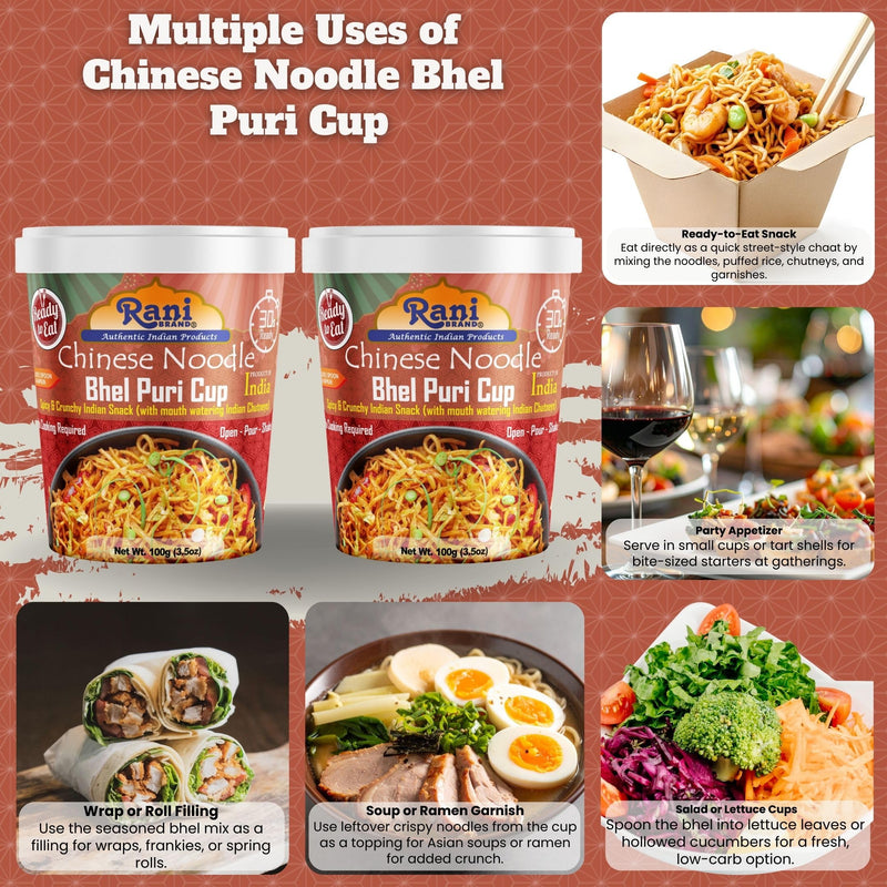 Rani Chinese Noodle Bhel Puri Cup (Spicy & Crunchy Indian Snack w/mouth watering Indian Chutneys) 3.5oz (100g), Pack of 2 ~ Ready to Eat | Vegan | NON-GMO | Indian Origin