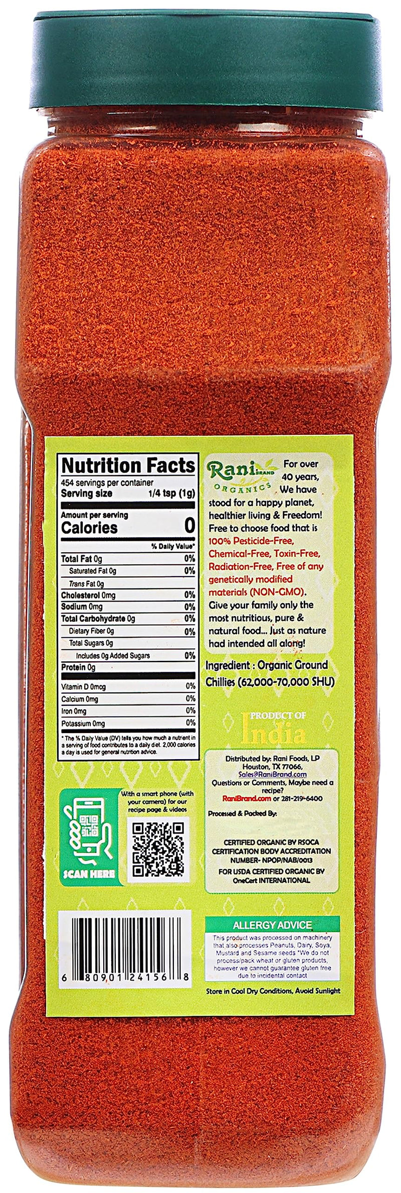 Rani Organic Extra Hot Chilli Powder (Hot Mirchi Ground) 16oz (1lb) 454g PET Jar ~ All Natural | Vegan | Gluten Friendly | NON-GMO | Indian Origin | USDA Certified Organic