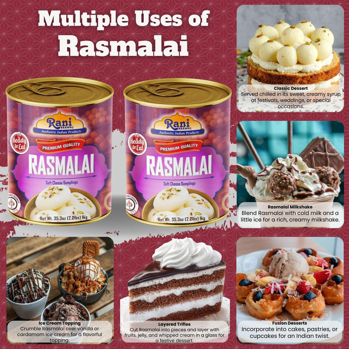 Rani Rasmalai (Soft Cheese Dumplings) 35.3oz (2.2lbs) 1kg, Pack of 2, Approximately 14 pieces, Easy Open Lid ~ Ready to eat | Gluten Friendly | Vegan | Non-GMO | Kosher | Indian Origin