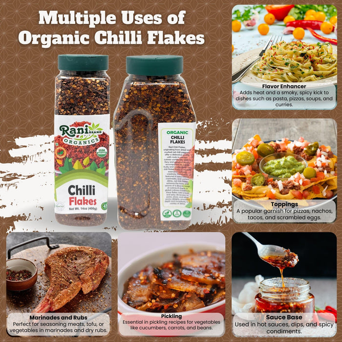 Rani Organic Chilli Flakes 14oz (400g) PET Jar ~ All Natural, No Color added | Gluten Friendly | Vegan | NON-GMO | Kosher | No Salt or fillers | USDA Certified Organic