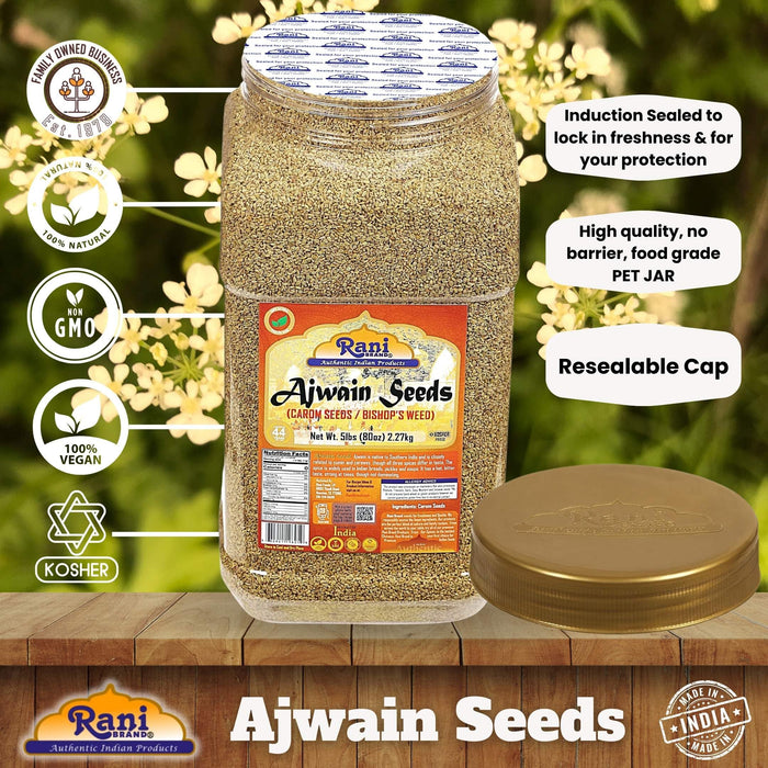 Rani Ajwain Seeds (Carom Bishops Weed) Spice Whole 80oz (5lbs) 2.27kg Bulk PET Jar ~ All Natural | Vegan | Gluten Friendly | NON-GMO | Kosher | Indian Origin
