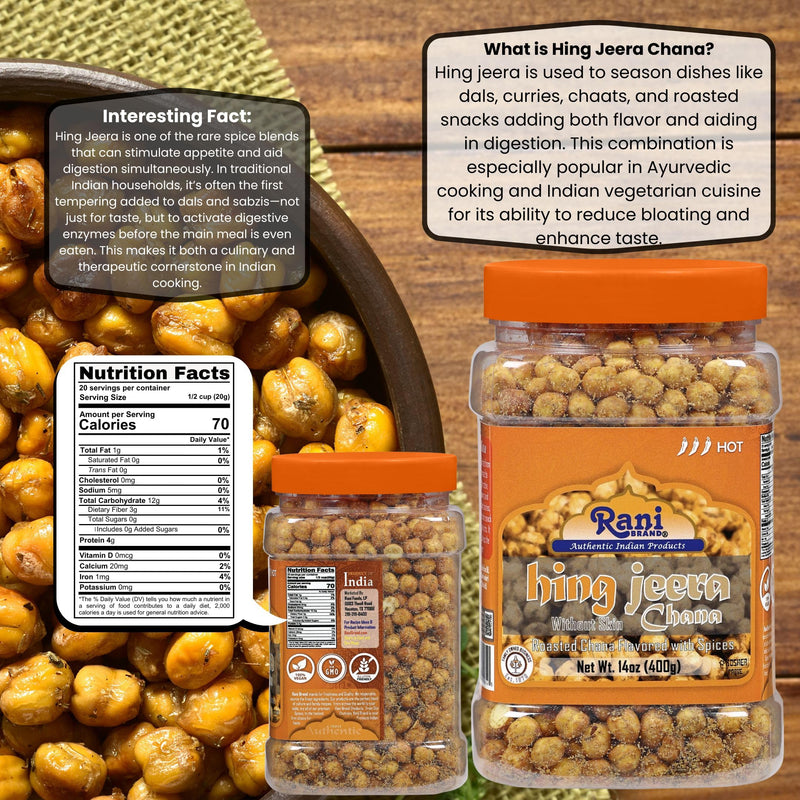 Rani Roasted Chana (Chickpeas) Hing-Jeera (Cumin-Asafetida) Flavor 14oz (400g) PET Jar ~ All Natural | Vegan | No Preservatives | Gluten Friendly | Kosher | Indian Origin |Ready to Eat | Seasoned with 9 Spices