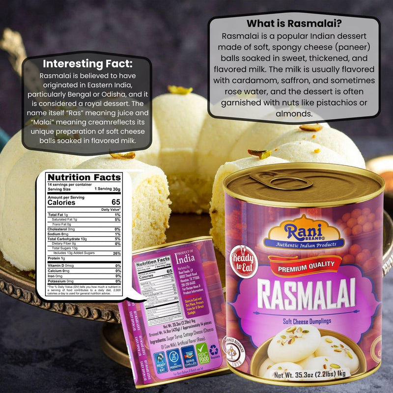 Rani Rasmalai (Soft Cheese Dumplings) 35.3oz (2.2lbs) 1kg, Pack of 2, Approximately 14 pieces, Easy Open Lid ~ Ready to eat | Gluten Friendly | Vegan | Non-GMO | Kosher | Indian Origin