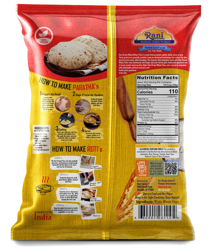 Rani Chapati Flour (100% Pure Whole Wheat Chakki Atta), For Making Roti & Indian Breads 160oz (10lbs) 4.54kg Bulk ~ Stone Ground, All Natural | Vegan | No Salt or Colors | NON-GMO | Indian Origin