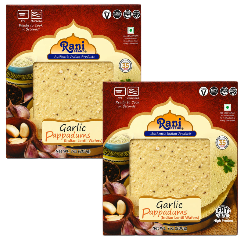 Rani Pappadums (Indian Lentil Wafer Snack) Garlic Papad 7oz (200g) Approximately 15pc, 7 inches, Pack of 2 ~ All Natural | Gluten Friendly | NON-GMO