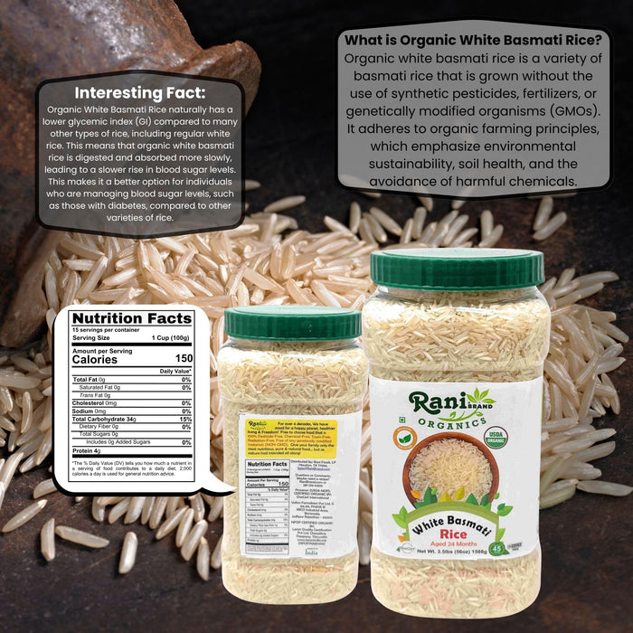 Rani Organic Platinum White Basmati Rice Extra Long Aged 56oz (3.5lbs) 1.59kg PET Jar ~ All Natural | Gluten Friendly | Vegan | Indian Origin | Kosher | Export Quality | USDA Certified Organic