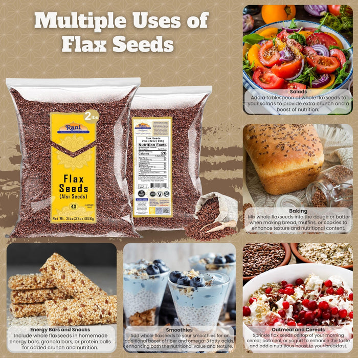 Rani Flax Seeds Whole Raw (Alsi, Linum usitatissimum) 32oz (2lbs) 908g ~ All Natural | Gluten Friendly | Non-GMO | Kosher | Vegan | Indian Origin