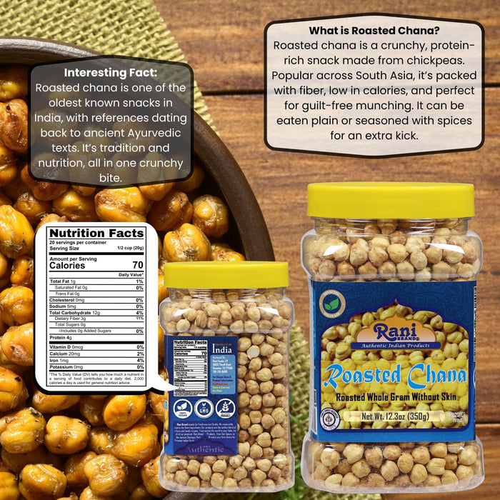 Rani Roasted Chana Skinless (Chickpeas) Plain Flavor (No Skin) 12.3oz (350g) PET Jar ~ All Natural | Vegan | No Preservatives | Gluten Friendly | Indian Origin | Great Snack, Ready to Eat