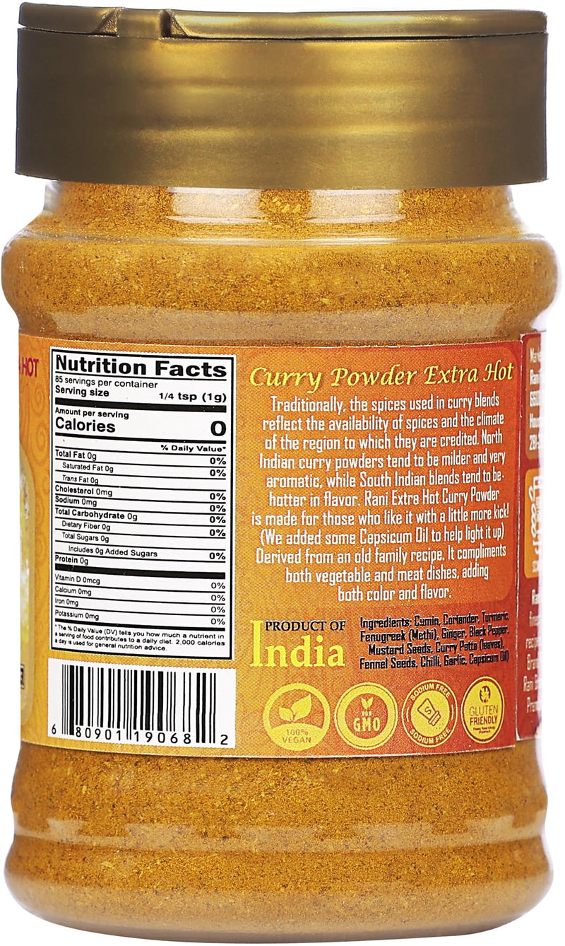 Rani Curry Powder EXTRA HOT Natural 11-Spice Blend 3oz (85g) PET Jar ~ Salt Free | Vegan | Gluten Friendly | NON-GMO | Kosher | Indian Origin