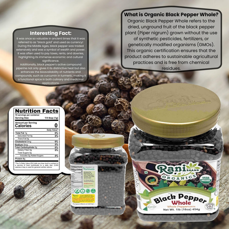 Rani Organic Black Pepper Whole (Peppercorns), Premium Bold Tellicherry Quality 16oz (1lb) 454g PET Jar ~ All Natural | Gluten Friendly | Non-GMO | USDA Certified Organic | Kosher | Product of Vietnam